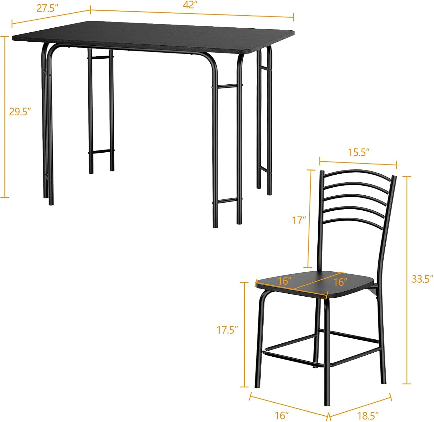 Giantex 5 PCS Dining Table Set 4 Person, Modern Kitchen Table and 4 Chairs, Wooden Top and Metal Legs, Home Dining Room Breakfast Furniture Rectangular Table, Black