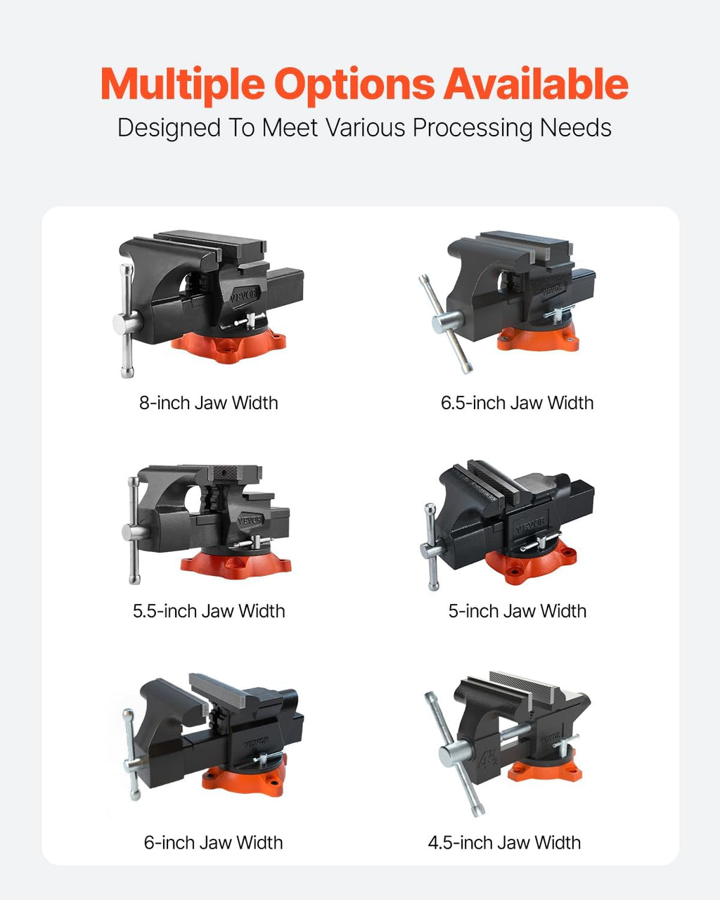 VEVOR Bench Vise, 8' Jaw Width, 8' Max Jaw Opening Multipurpose Vise with 360° Swivel Locking Base, 3.7' Throat Depth, Heavy Duty Ductile Iron Workbench Vise, Two-Way Jaws for Clamping Round Pipes