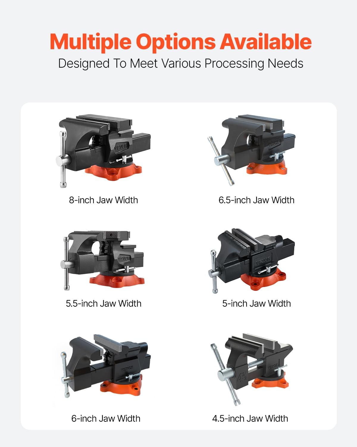 VEVOR Bench Vise, 8' Jaw Width, 8' Max Jaw Opening Multipurpose Vise with 360° Swivel Locking Base, 3.7' Throat Depth, Heavy Duty Ductile Iron Workbench Vise, Two-Way Jaws for Clamping Round Pipes
