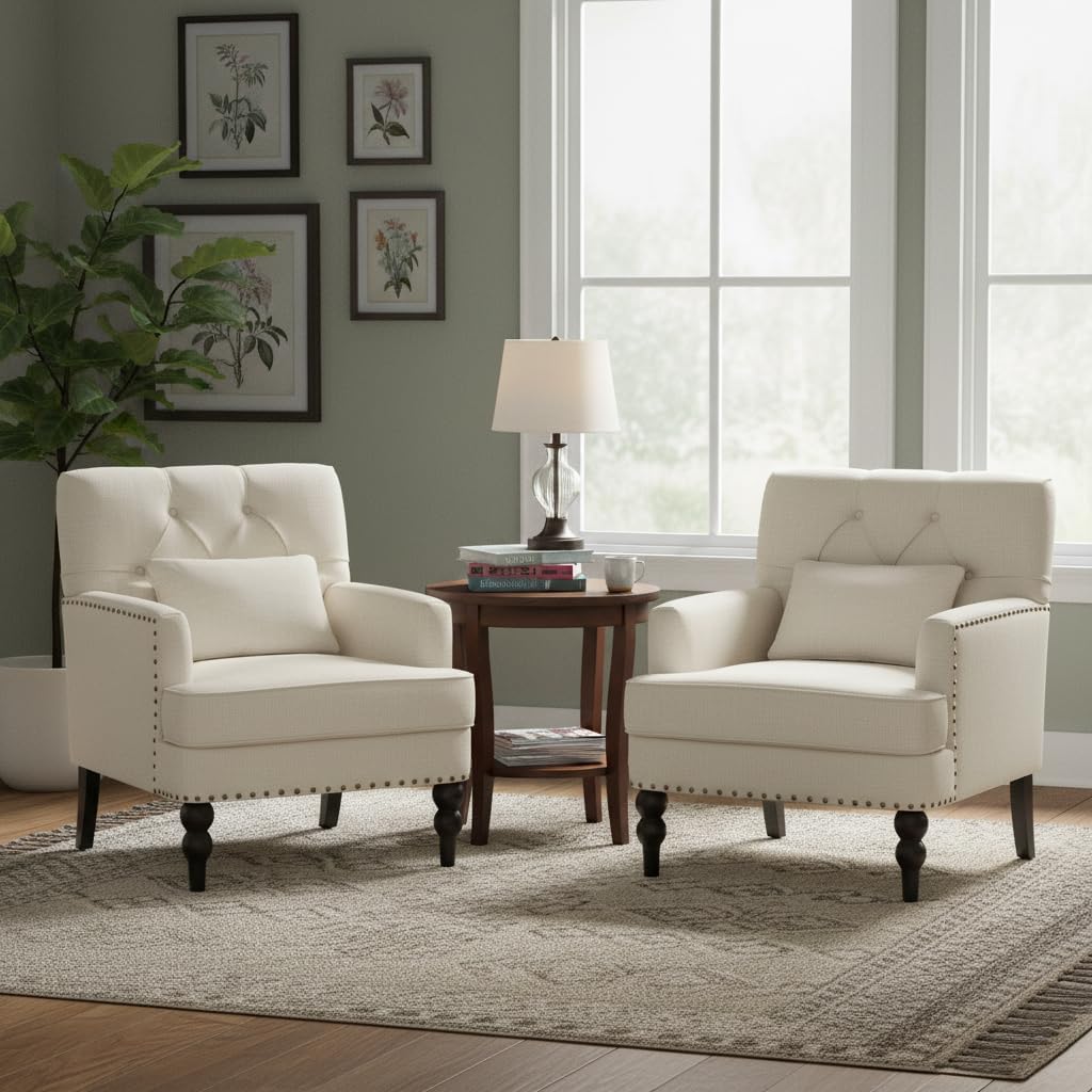 HUIMO Tufted Club Chair Set of 2 with Lumbar Pillow,Accent Chair Upholstered Button Armchair, Linen Fabric Sofa Chairs for Bedroom, Living Room, Mid Century Modern Reading Chair,Beige