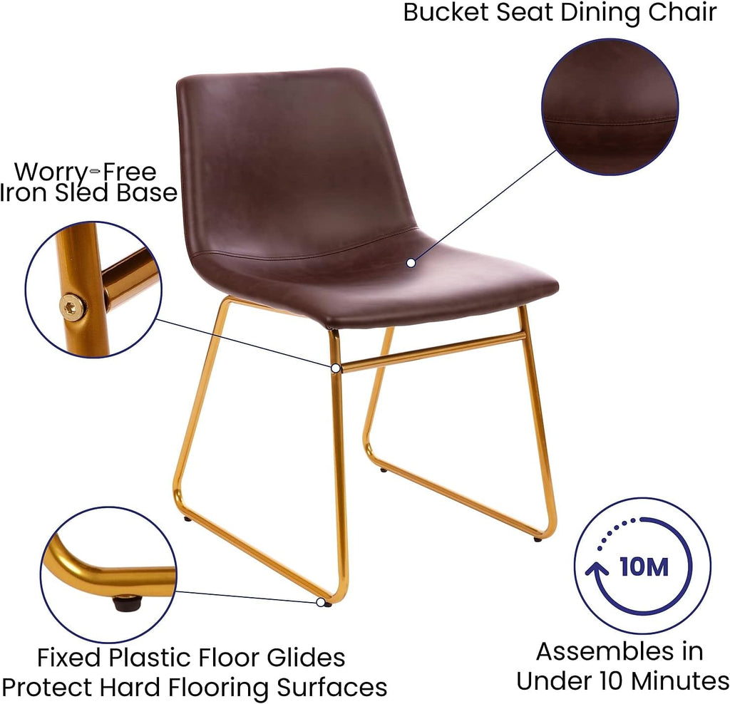 Flash Furniture Butler 18 Inch Commercial Grade LeatherSoft Dining Table Height Chair, Mid-Back Gold Sled Base with Dark Brown LeatherSoft Upholstery, Set of 2