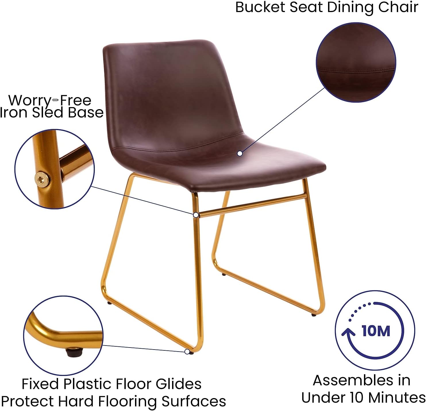 Flash Furniture Butler 18 Inch Commercial Grade LeatherSoft Dining Table Height Chair, Mid-Back Gold Sled Base with Dark Brown LeatherSoft Upholstery, Set of 2