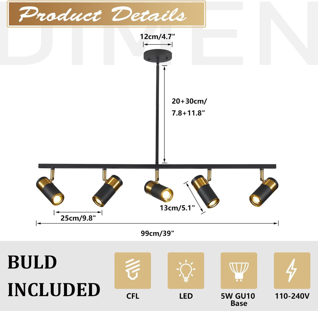 5 Light Modern Track Light Chandelier Industrial LED Hanging Track Lighting Kit Farmhouse Black and Gold Kitchen Track Lighting Fixtures Adjustable Ceiling Mount Linear Spotlights MCL05-5P BK