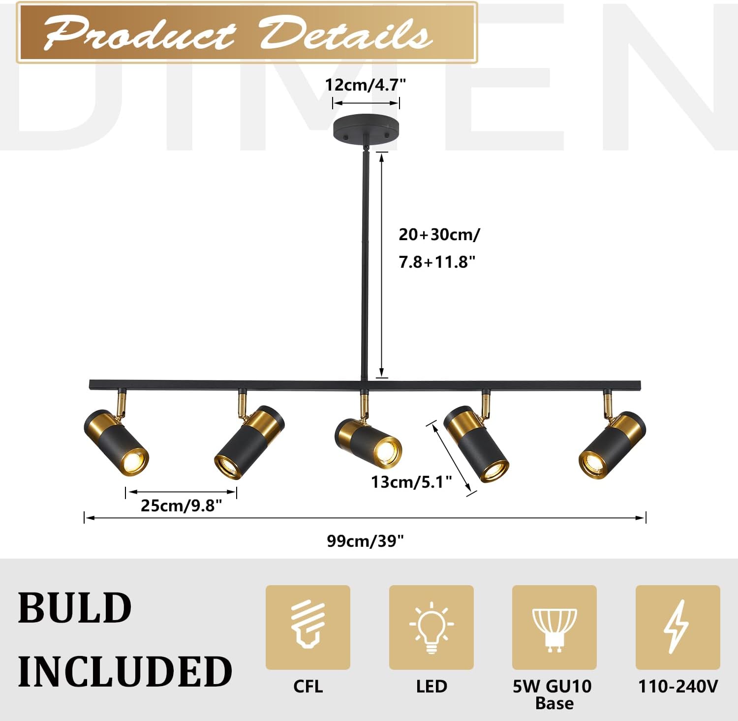 5 Light Modern Track Light Chandelier Industrial LED Hanging Track Lighting Kit Farmhouse Black and Gold Kitchen Track Lighting Fixtures Adjustable Ceiling Mount Linear Spotlights MCL05-5P BK