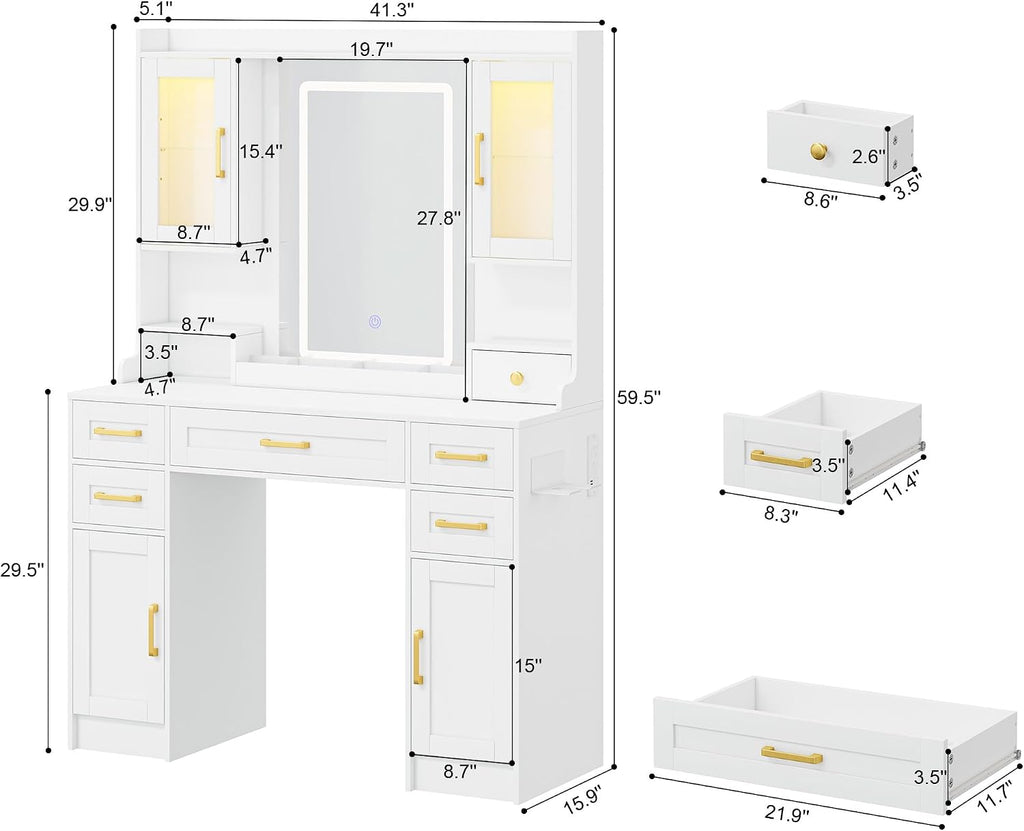 Modern Vanity Desk with Mirror, LED Lights and Power Outlet, Large Makeup Table Set with Drawers & Display Cabinets, White Dressing withfor Bedroom