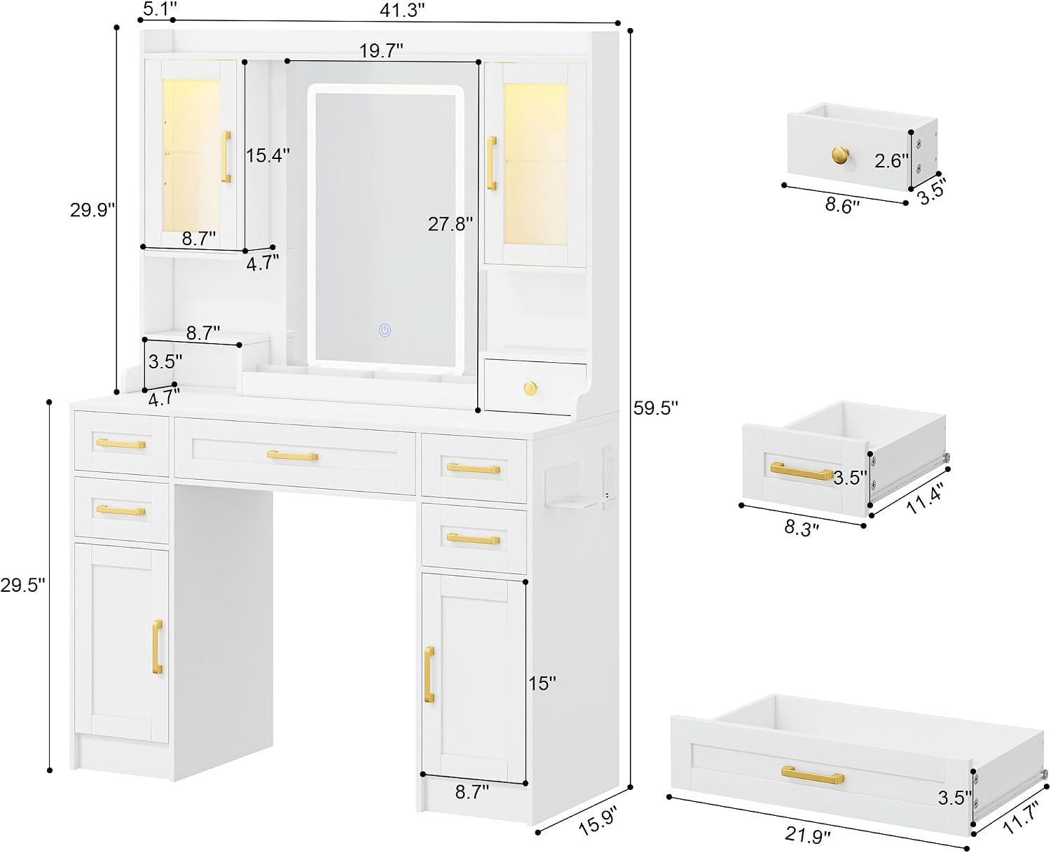 Modern Vanity Desk with Mirror, LED Lights and Power Outlet, Large Makeup Table Set with Drawers & Display Cabinets, White Dressing withfor Bedroom