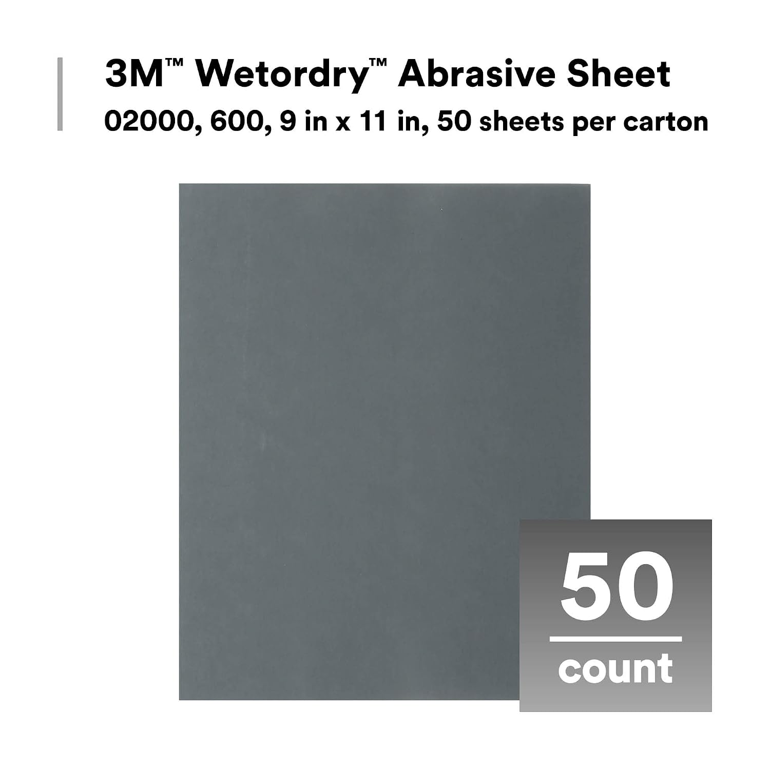 3M Wetordry Abrasive Sheet 02000, 600, Flexible, Durable, Surface Finishing, Waterproof, 9 in x 11 in, 50 Sheets (Pack of 5)