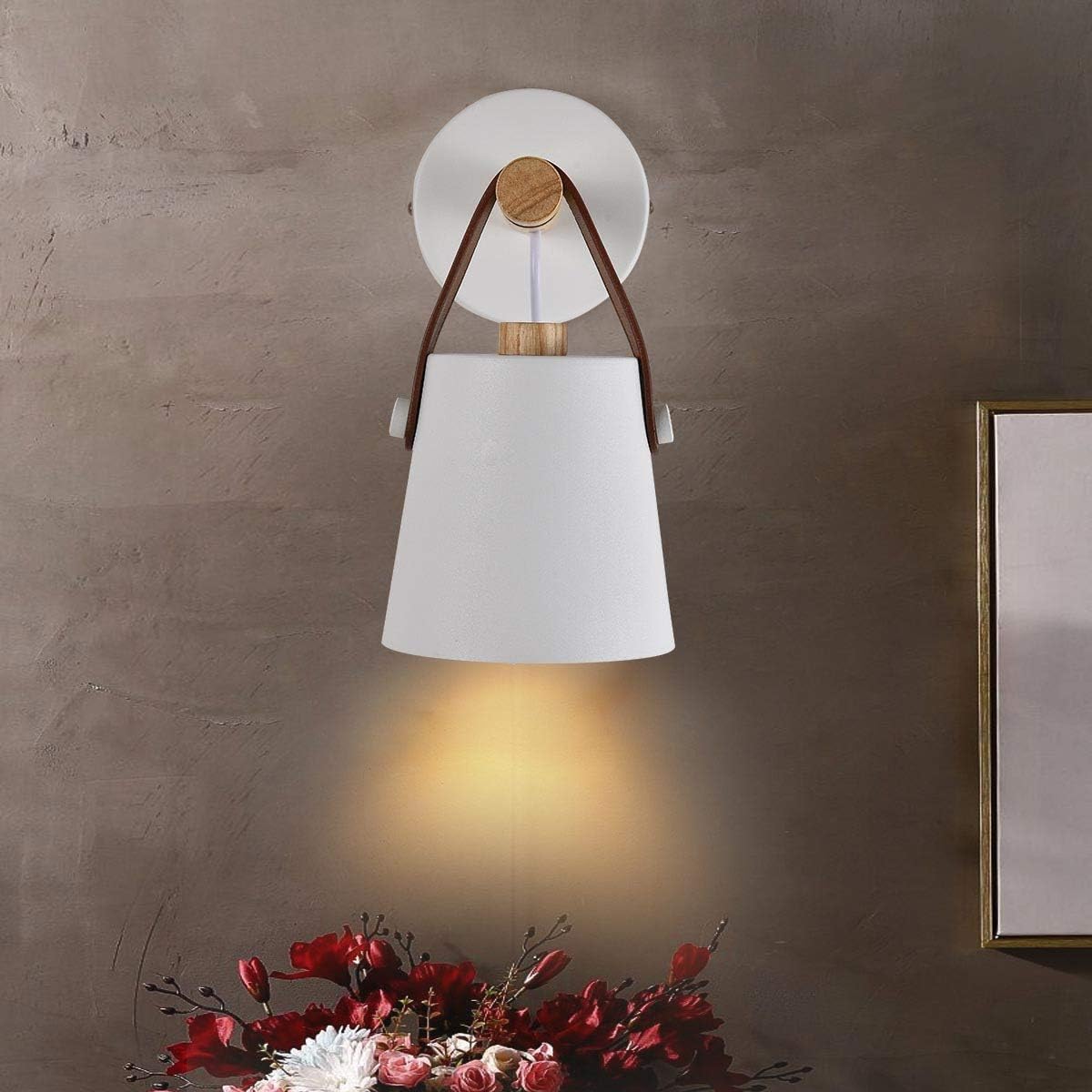 Wall Lamps for Bedroom White Plug in Wall Sconces Indoor Wall Lighting fixtures Industrial E26 lamp Holder with Wooden and Leather lamp Wall for Nightstand Vanity Mirror or Farmhouse Aisle Corridor