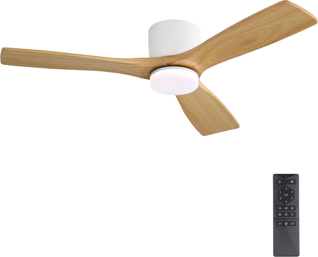 WINGBO 48 Inch Flush Mount DC Ceiling Fan, 3CCT Dimmable Light, 3 Carved Wood Blades, 6-Speed Noiseless Reversible DC Motor, Hugger Low Profile Fan, Gloss White Finish with Oak Blades, ETL Listed