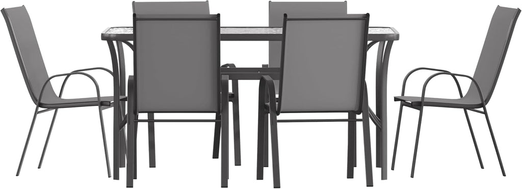 Flash Furniture Brazos Commercial Outdoor Dining Set, 60' Tempered Glass Patio Table with Umbrella Hole, 6 Stack Chairs with Flex Comfort Seats and Backs, Gray/Black