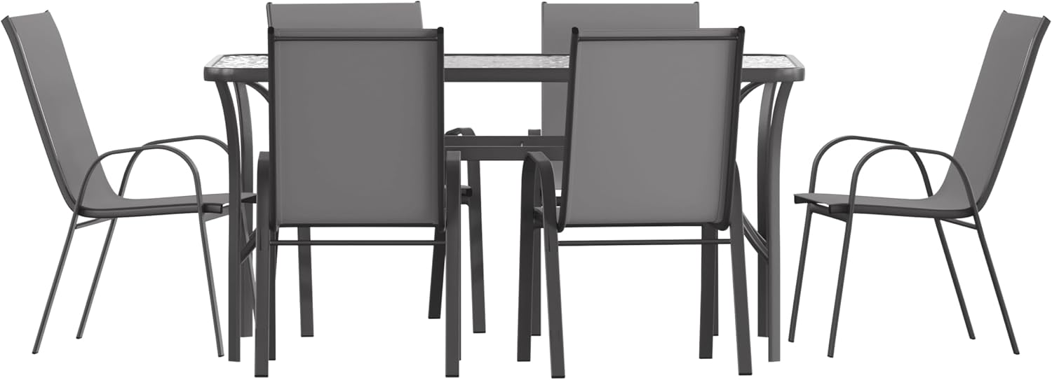 Flash Furniture Brazos Commercial Outdoor Dining Set, 60' Tempered Glass Patio Table with Umbrella Hole, 6 Stack Chairs with Flex Comfort Seats and Backs, Gray/Black