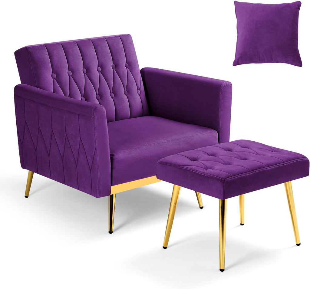 Velvet Accent Chair with Adjustable Armrests and Backrest, Button Tufted Lounge Chair, Single Recliner Armchair with Ottoman and Pillow for Living Room, Bedroom, Purpel