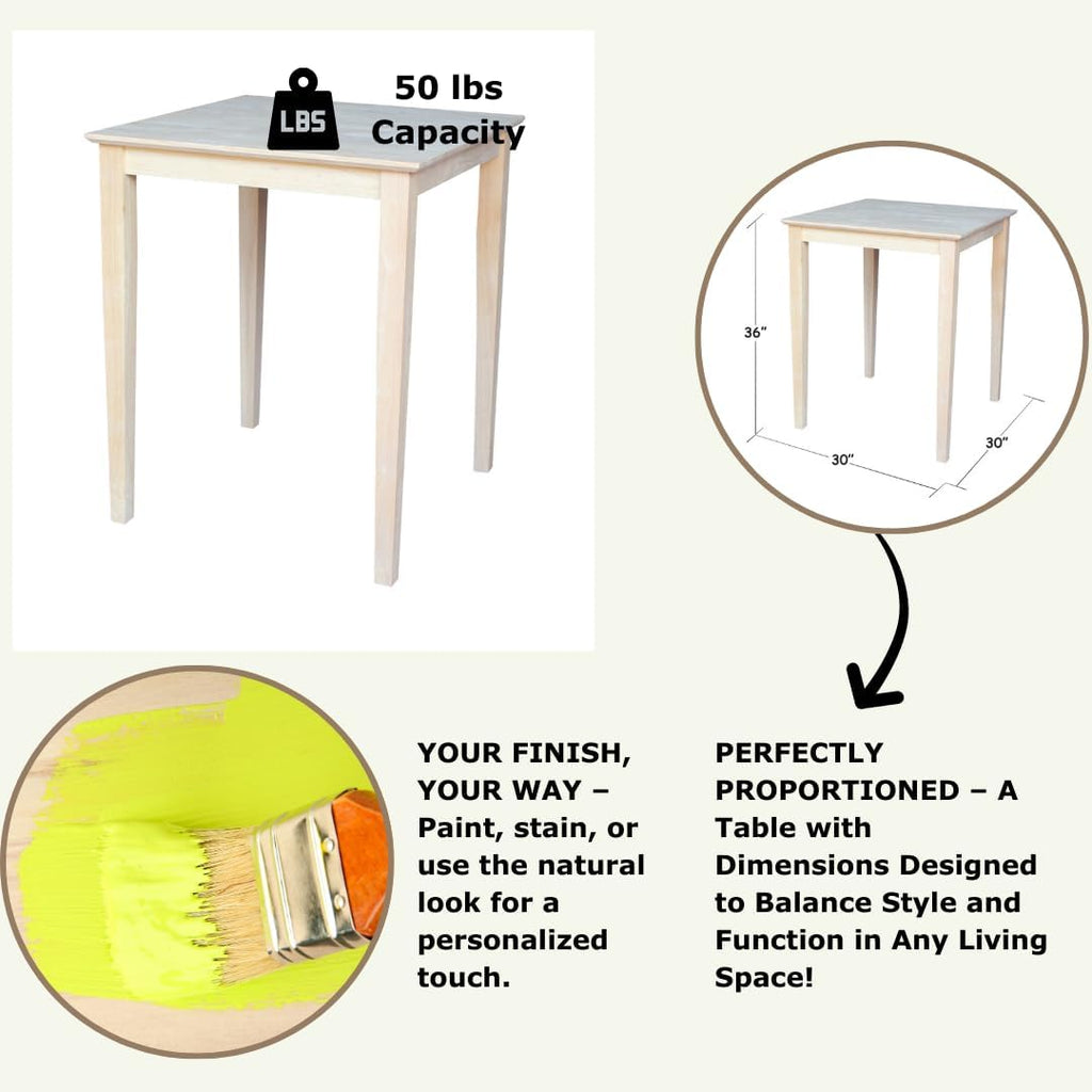 Solid Wood Top Dining Table, 36 Inch High, Unfinished