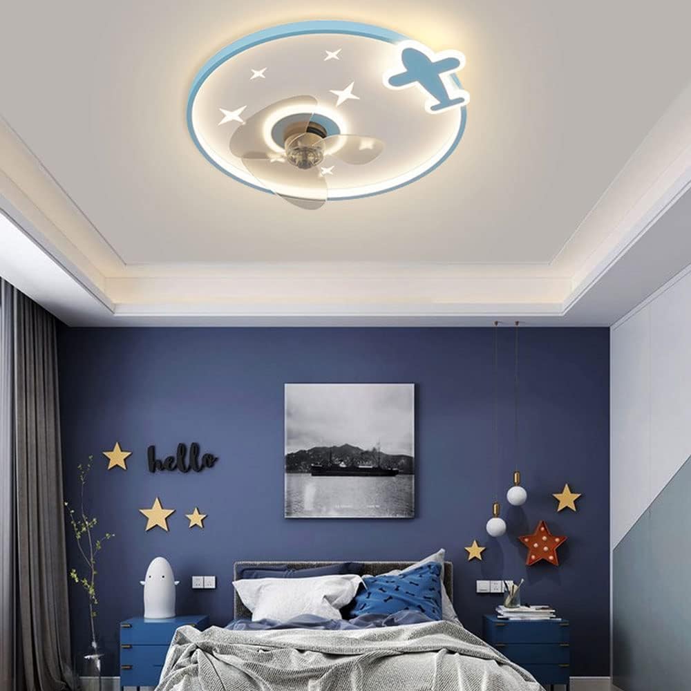 Indoor Mute Ceiling Fans with Lights Dimmable LED Ceiling Light with Fan Remote 6 Speeds Ceiling Fan for Study Room Bedroom Low Profile Blue Ceiling Fan Lights