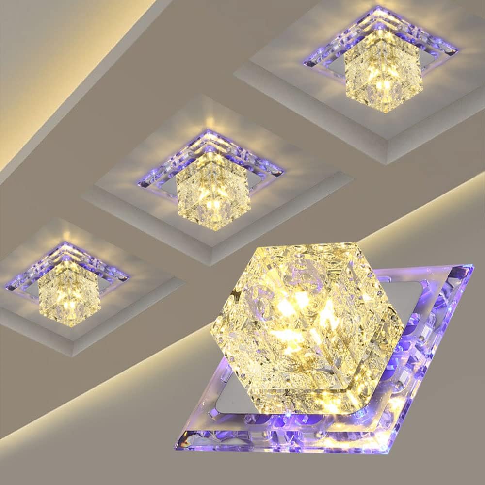 6 Piece Modern Crystal LED Downlights - Square Ceiling Spotlights for Indoor Bedroom Home Lighting - Warm White 5W/3W