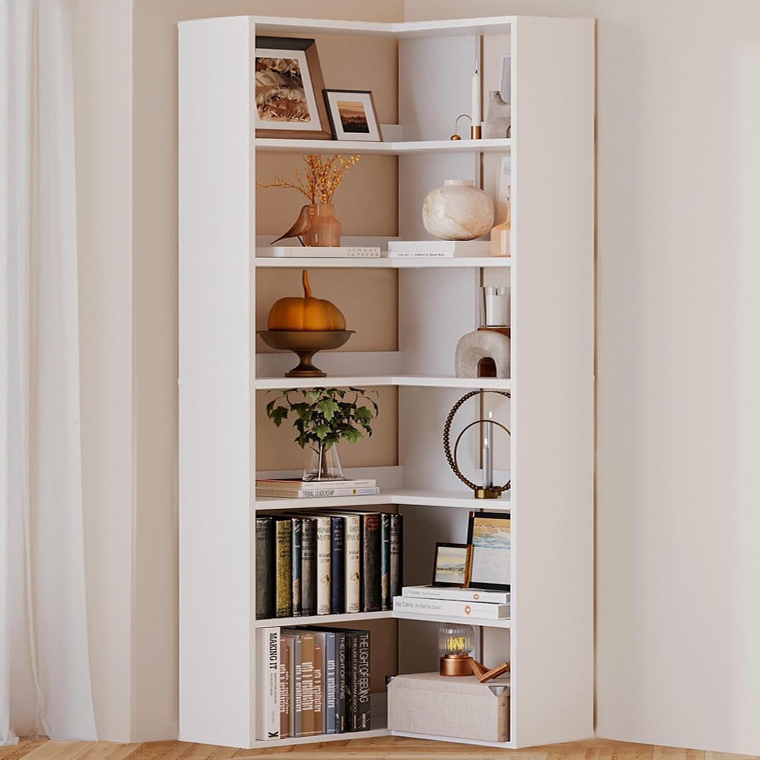 Corner Bookshelf, Freestanding L Shaped Display Shelf, 6 Tiers Bookcase with Baffles, Wooden Bookcase with Storage Organizer for Home Office, Living Room, Bedroom (23.6')