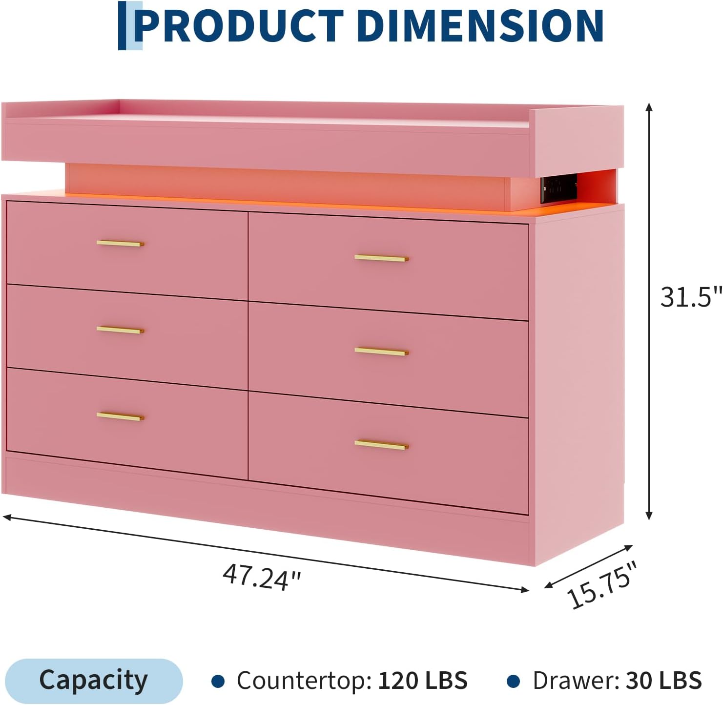 TV Stand Cabinet with LED Lights & Charging Station, Coffee Bar Cabinet Floating Countertop, Modern Sideboard Buffet 6 Drawers for Home, Living Room, Pink