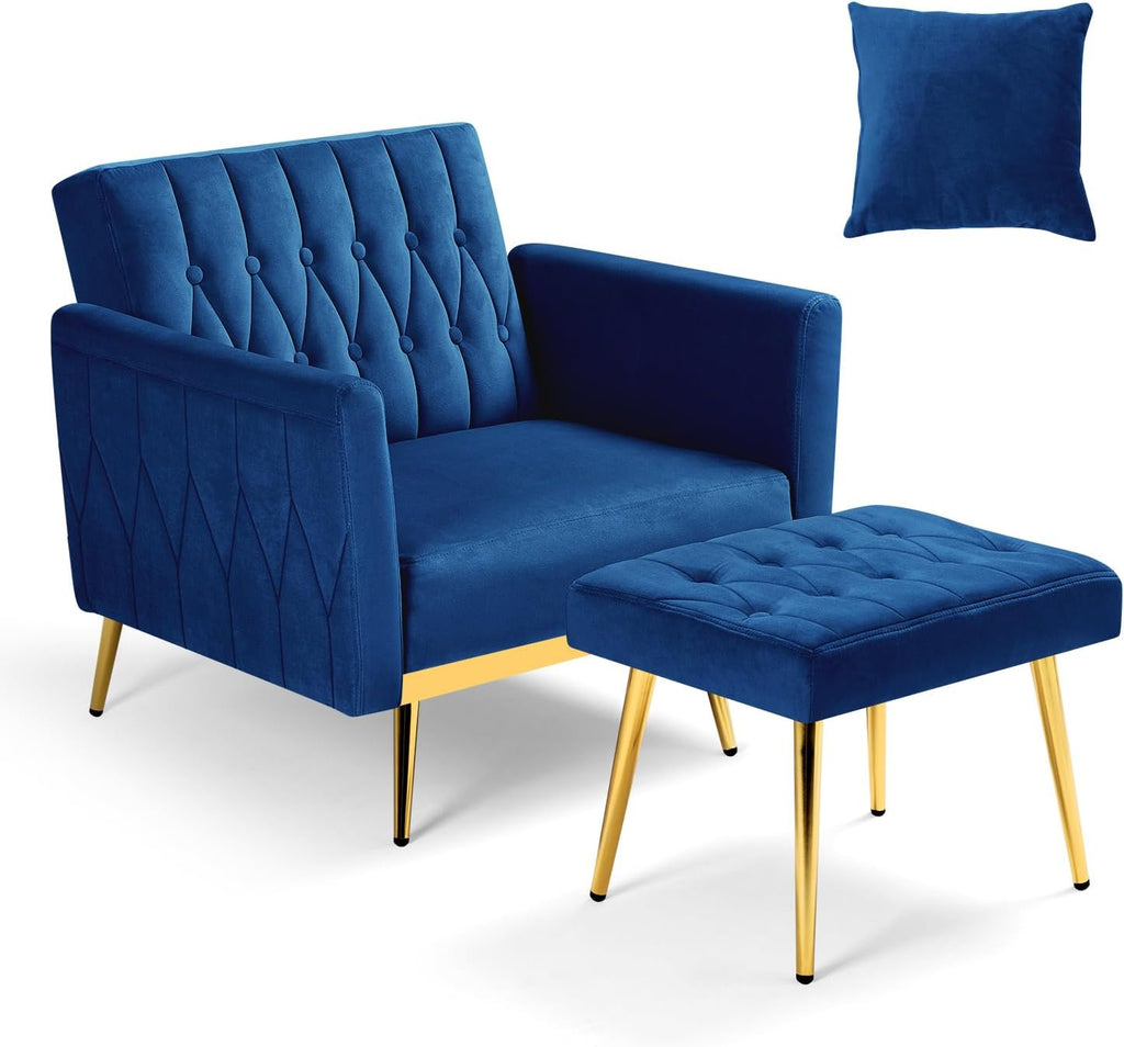 Velvet Accent Chair with Adjustable Armrests and Backrest, Button Tufted Lounge Chair, Single Recliner Armchair with Ottoman and Pillow for Living Room, Bedroom, Blue