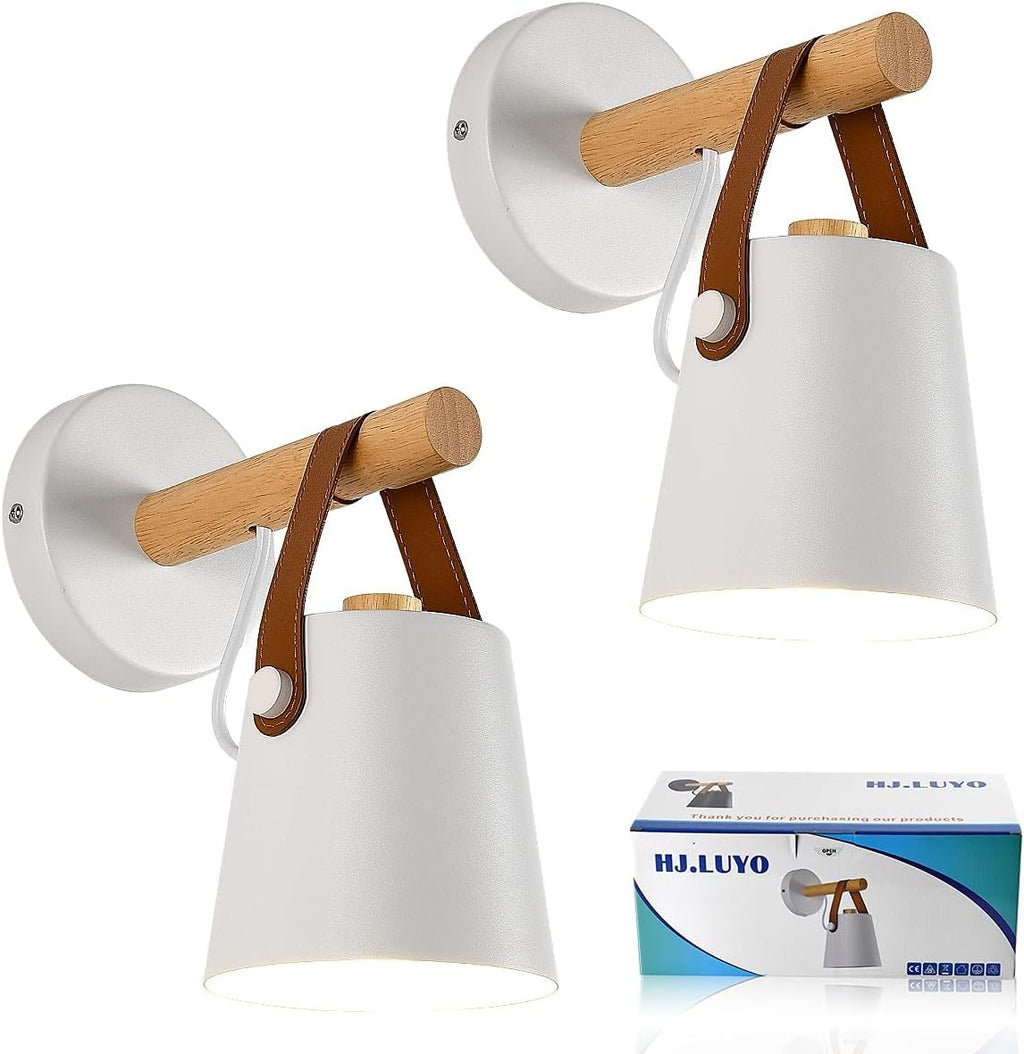 Wall Lamps for Bedroom Indoor Wall Sconces Set of 2 White Modern Wooden Wall Lighting Fixture E26 Base for Nightstand or Farmhouse Aisle Corridor