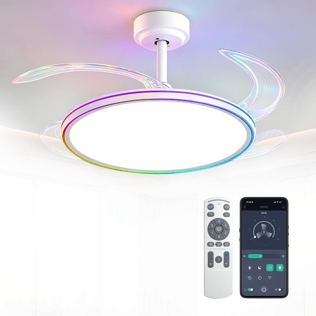 BAYSQUIRREL Slim Retractable Ceiling Fan, 42 Inch Low Profile Ceiling Fan with Remote Control, Dimmable Full Spectrum with Memory, 6-Speed Reversible Fan, White