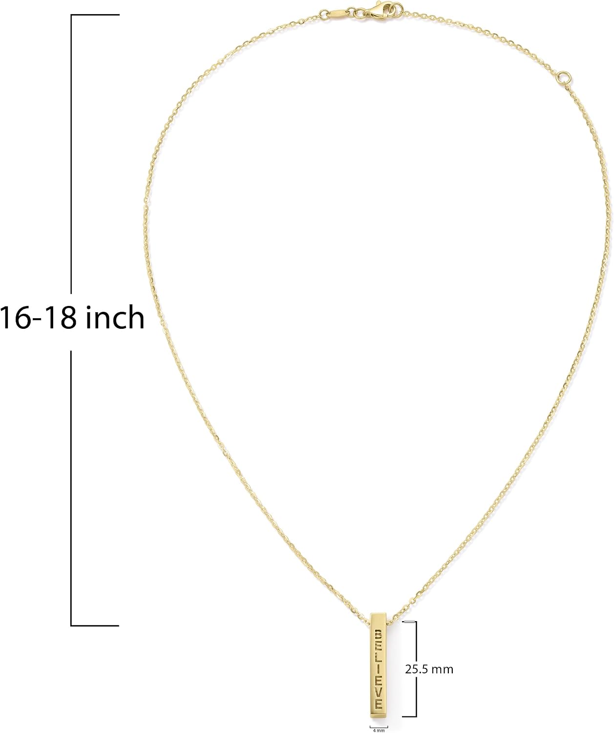 Amanda Rose Collection 10K & 14K Yellow Gold Hope Believe Faith Blessed Rectangular Bar Pendant Necklace for Women, Adjustable 16–18 Inch Cable Chain with Lobster Clasp