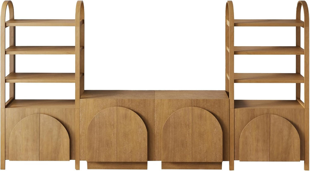 Nathan James Iris Sideboard and Bookcase Set, Mid-Century Modern Solid Wood Storage Unit with Arched Doors, 2 Cabinets and 2 Bookshelves with Cabinet, Light Brown