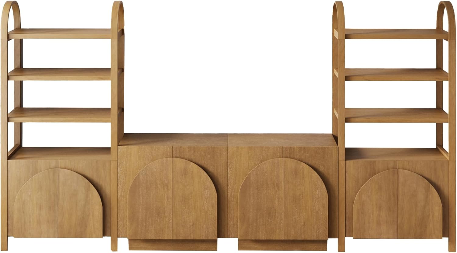 Nathan James Iris Sideboard and Bookcase Set, Mid-Century Modern Solid Wood Storage Unit with Arched Doors, 2 Cabinets and 2 Bookshelves with Cabinet, Light Brown