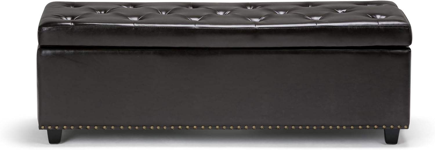 SIMPLIHOME Hamilton Storage Ottoman - 48 inch Wide Upholstered Vegan Leather Rectangle Storage Ottoman Bench in Coffee Brown, Traditional Tufted Ottoman for Living Room or Entryway with Lift-Up Lid