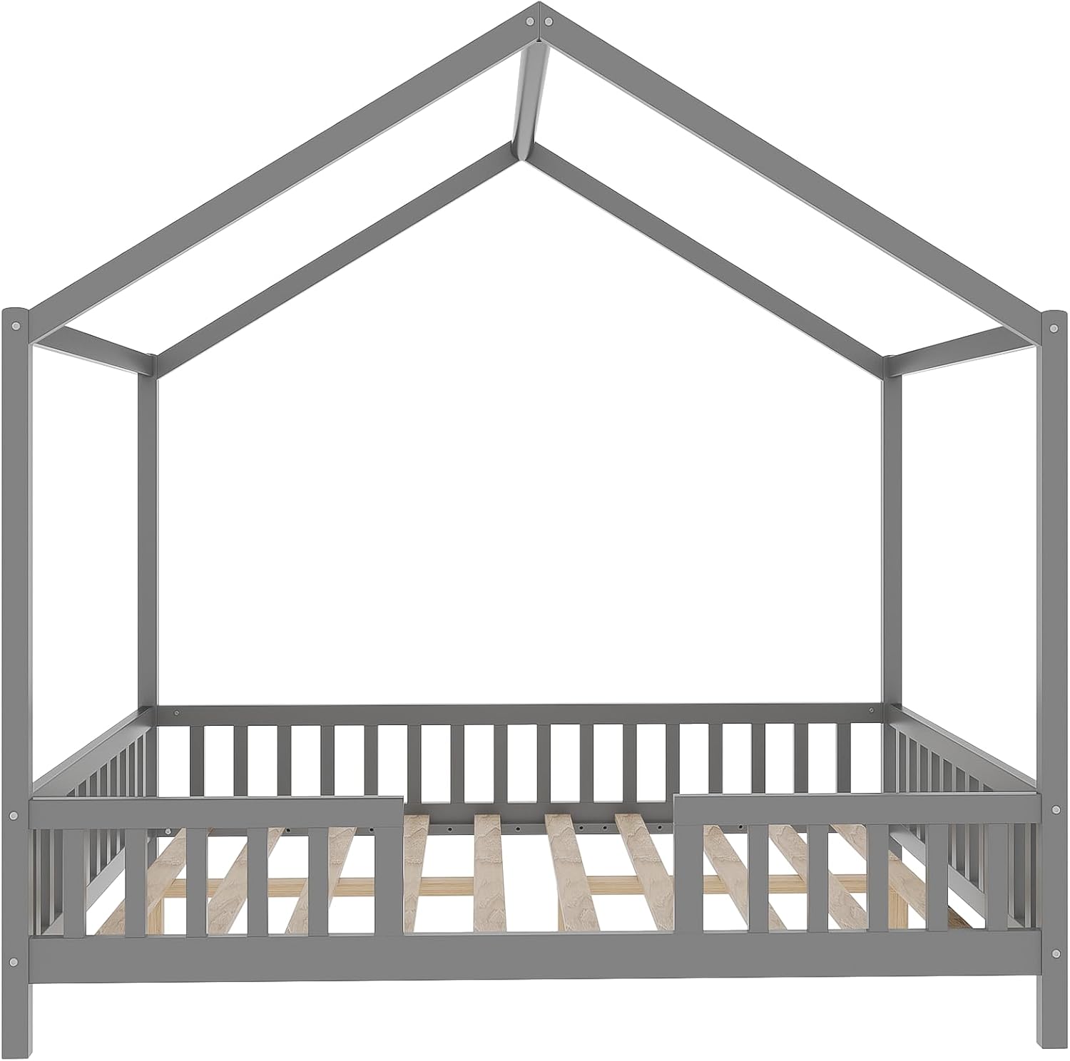 Bellemave Full House BedFrame with Canopy, Montessori Floor Bed, House Bed with Rails for Kids, Gray