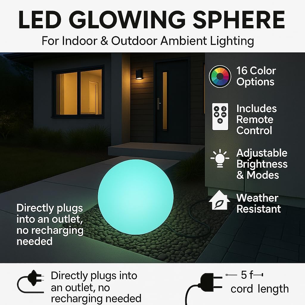 Modern Home Color-Changing LED Glow Ball - 16-Color Remote-Controlled Light Sphere w/Power Cord – Indoor/Outdoor Ambient Mood Lighting, Waterproof, Plug-in (20')