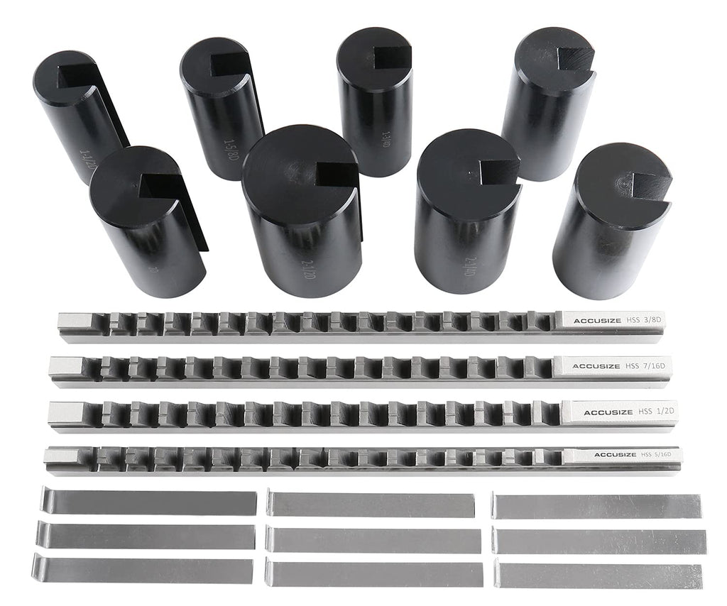 Accusize Industrial Tools No 40A H.S.S. Keyway Broach Sets in Fitted Box, 32 Combinations, 5100-0042 | 32 Combinations, D-5/16, 3/8, 7/16, 1/2 in, Precision Ground HSS, Fitted Wooden Box