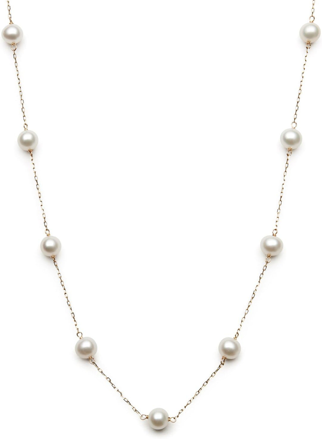 Belacqua Cultured Freshwater Pearl Station Necklace in 10K White or Yellow Gold,Size 6MM-7MM, 18 Inches Dainty Cable Chain, Real Jewelry for Women, Gift Box Included