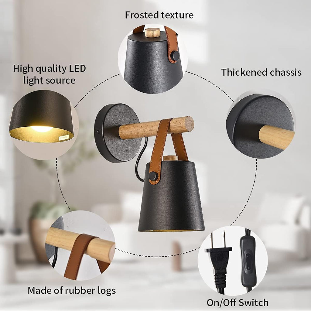 Wall Lamps for Bedroom Black Plug in Wall Sconces Indoor Wall Lighting fixtures Industrial E26 lamp Holder with Wooden and Leather lamp Wall for Nightstand Vanity Mirror or Farmhouse Aisle Corridor