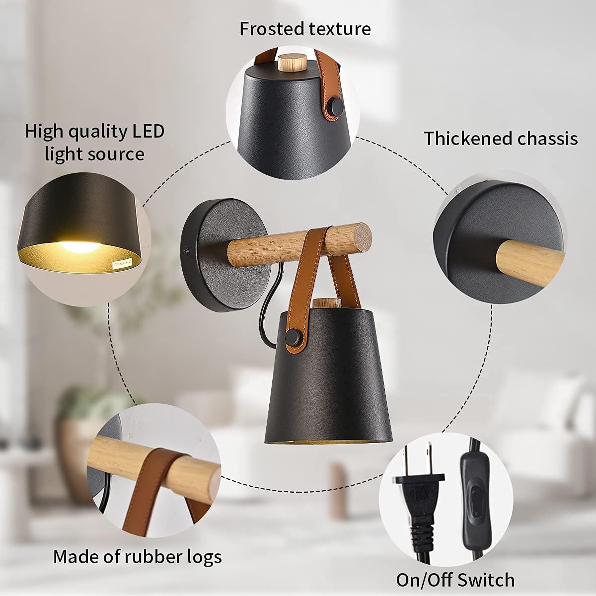 Wall Lamps for Bedroom Black Plug in Wall Sconces Indoor Wall Lighting fixtures Industrial E26 lamp Holder with Wooden and Leather lamp Wall for Nightstand Vanity Mirror or Farmhouse Aisle Corridor