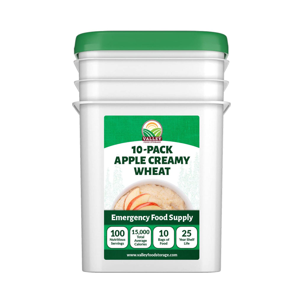 Valley Food Storage Apple Creamy Wheat | 100 Serving Emergency Breakfast Food Supply, 10-Bag Bucket | 25 Year Shelf Life | Survival Meals for Long Term Food Storage, Camping & Prepper Supplies