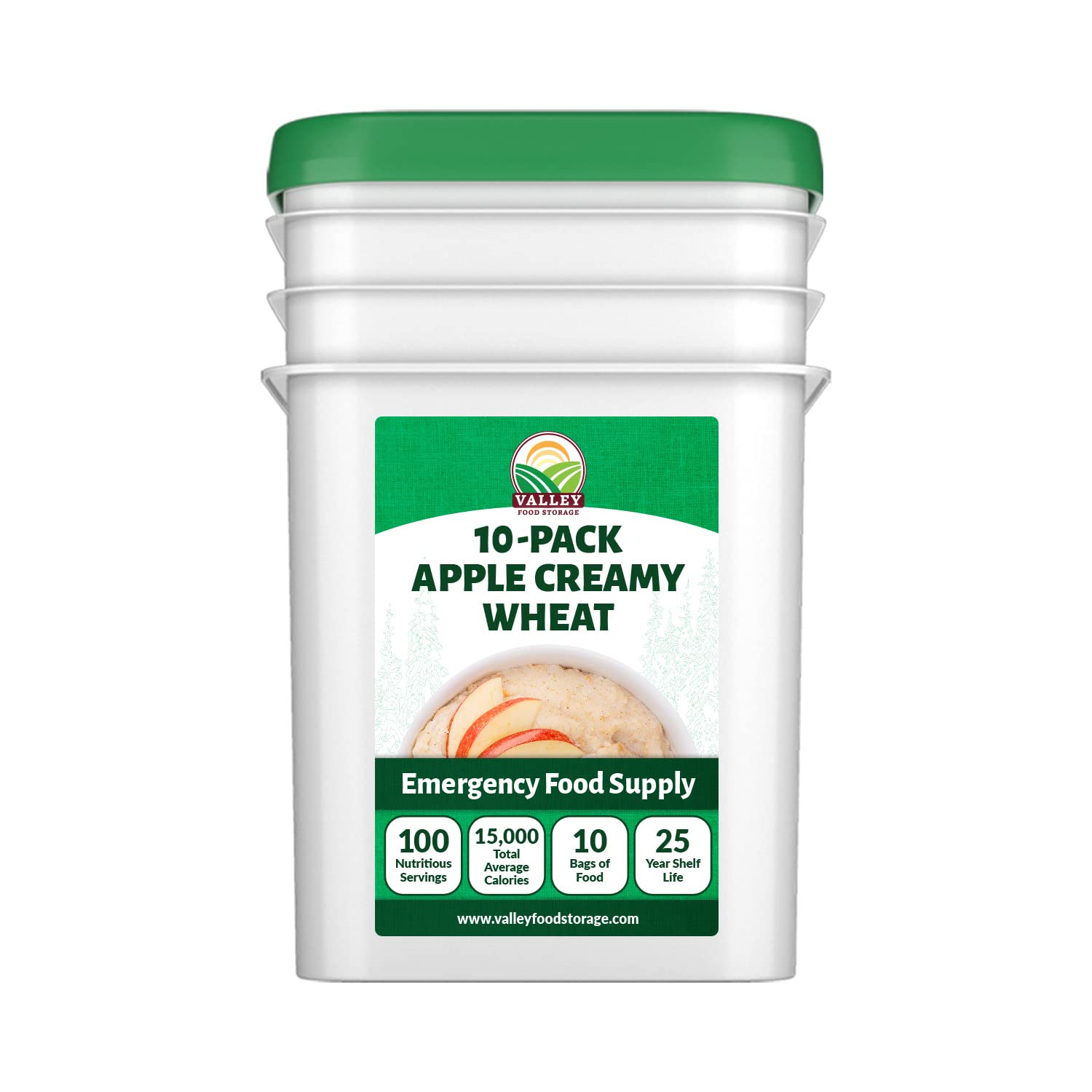 Valley Food Storage Apple Creamy Wheat | 100 Serving Emergency Breakfast Food Supply, 10-Bag Bucket | 25 Year Shelf Life | Survival Meals for Long Term Food Storage, Camping & Prepper Supplies