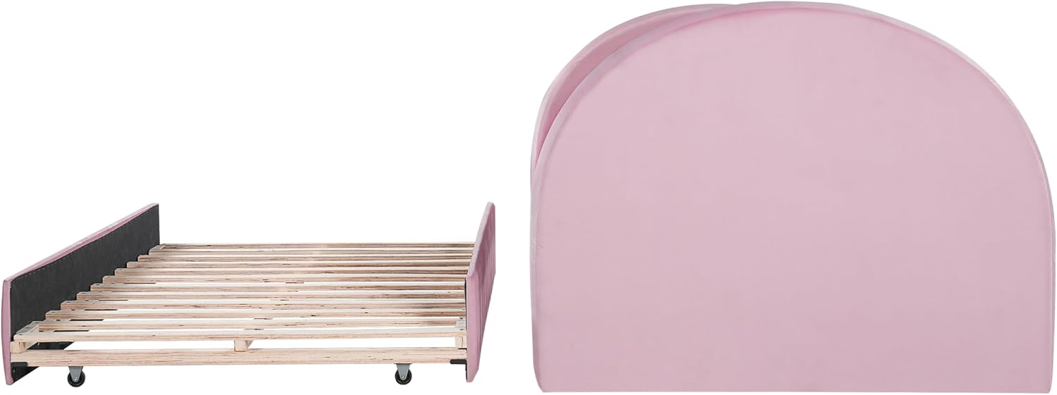 Christopher Knight Home Leonhart Velvet Upholstered Twin Size Bed Frames with Headboard/Footboard, Day Bed Frame Twin with Pull-Out Functionality, Iron Frame + Wooden Slat Trundle Bed Twin, Pink