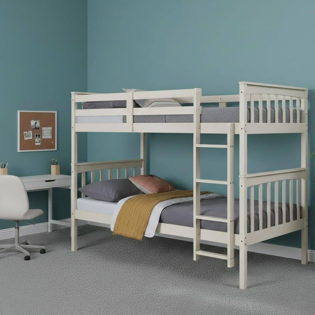 HOME DESIGN Ames Twin Over Twin Solid Wood Standard Bunk Bed with Guardrails and Ladder, Convertible to Two Twin Beds, Antique White