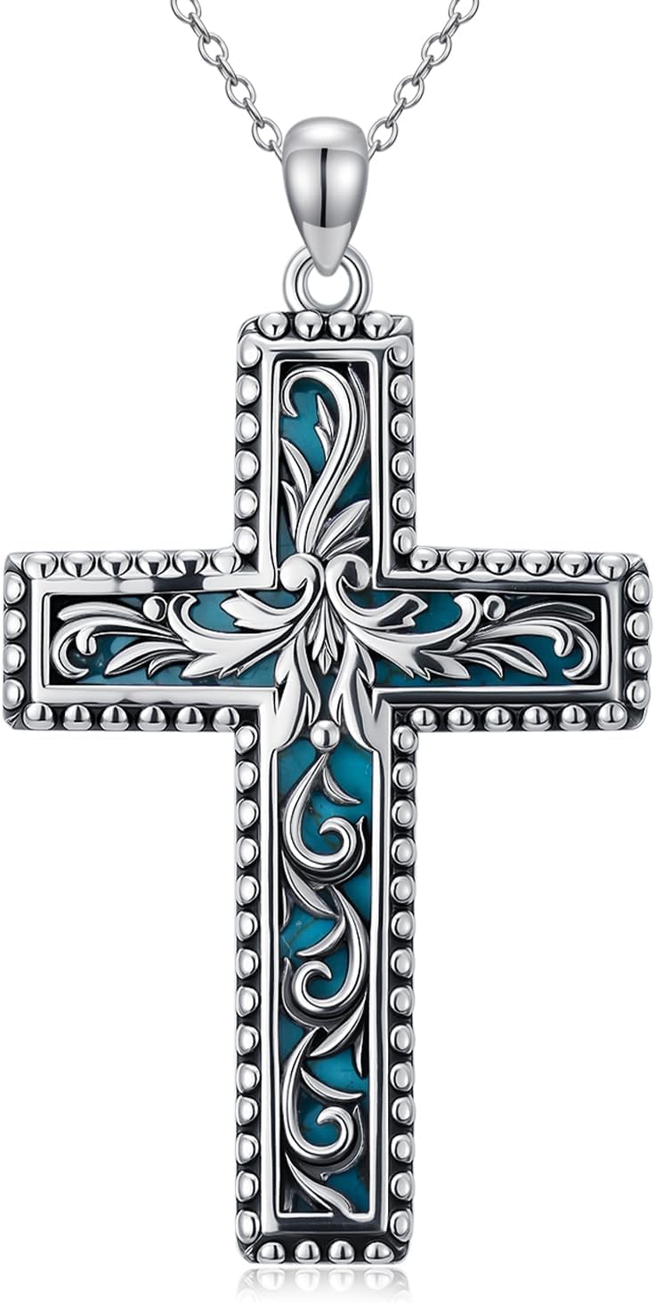Natural Turquoise Cross Pendant Necklace for Women 925 Sterling Silver 1.2mm Cable Chain and Pendant with Genuine Turquoise Jewelry Gifts for Her 147022