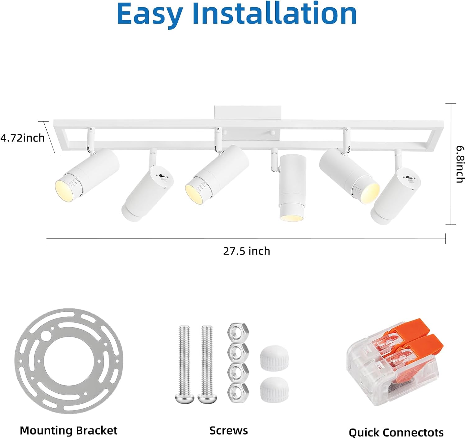 5-Color LED Track Lighting Kit, 15°-60° Zoomable Track Light Fixture Ceiling Head Dimmable 6-Lights 2700k-6000K Selectable Flexibly Rotatable for Accent Lighting, Kitchen, Living Room White