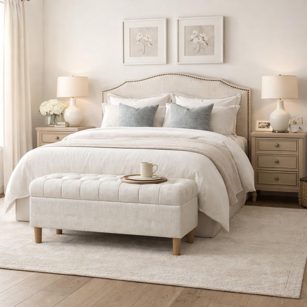 HomePop 40' Ainsley Button Tufted Storage Bench - Cream Textured Solid