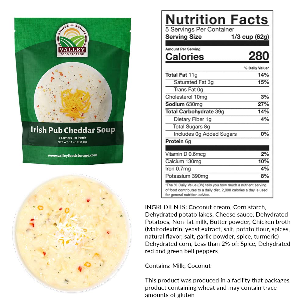 Valley Food Storage Irish Pub Cheddar Potato Soup 10-Bag Bucket, 50 Servings | Premium Non-GMO Emergency Food Supply with 25 Year Shelf Life | Survival Meals, Prepper Food, Camping & Off-Grid Supplies