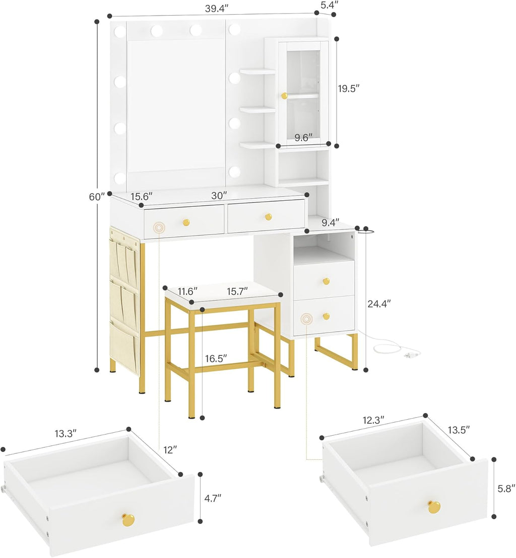 Modern Vanity Desk with HD Mirror and Lights, Makeup Table with 4 Drawers and Glass Cabinet, 3 Lighting Color Adjustable, Girls Dressing for Bedroom