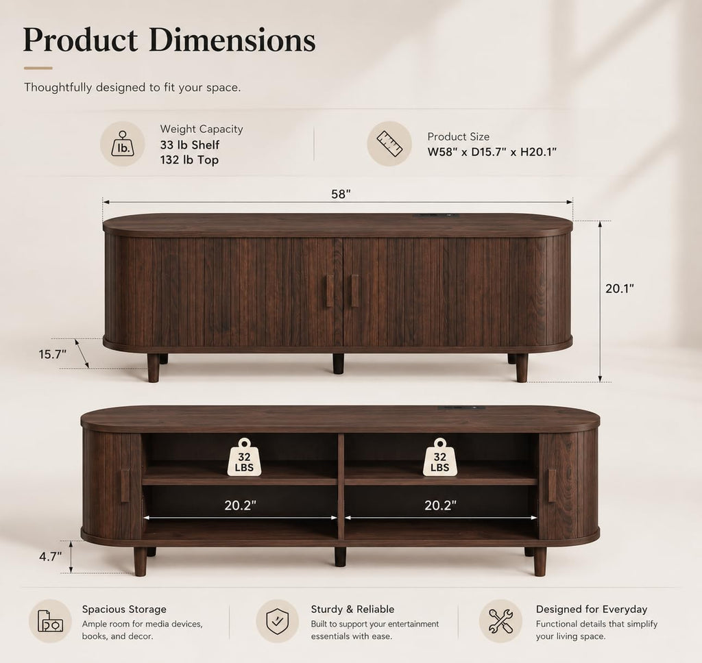 MXV 58' Mid-Century Modern TV Stand with Sliding Doors, TV Consoles with Power Outlet, Fluted Entertainment Center with Adjustable Shelves for Living Room