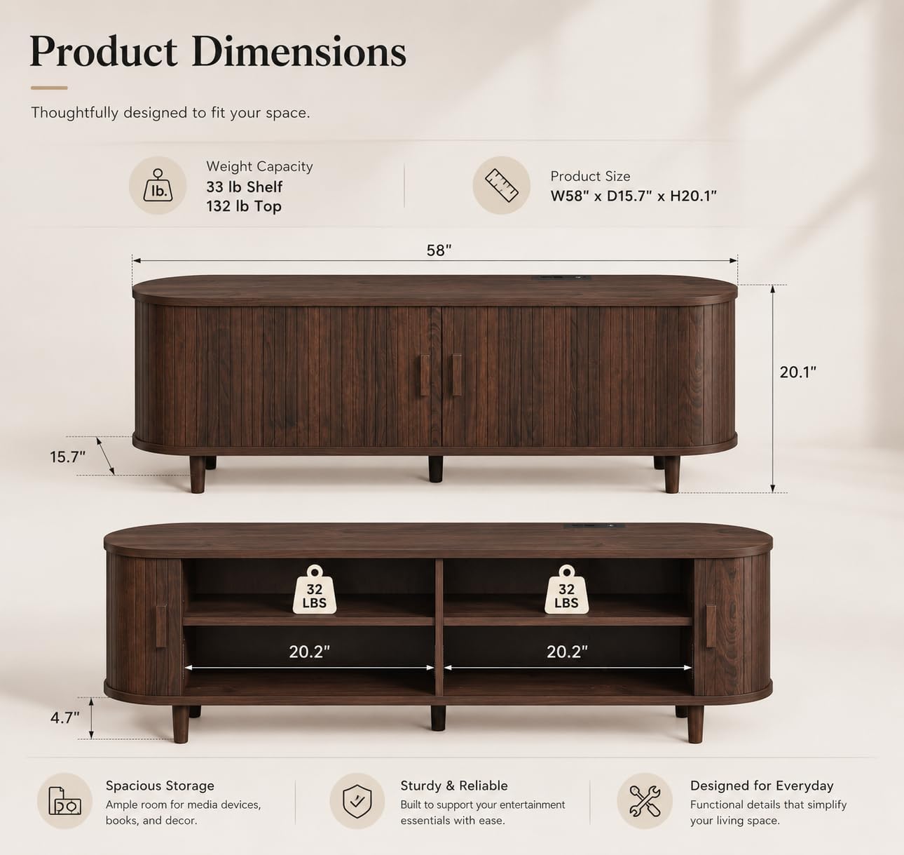 MXV 58' Mid-Century Modern TV Stand with Sliding Doors, TV Consoles with Power Outlet, Fluted Entertainment Center with Adjustable Shelves for Living Room