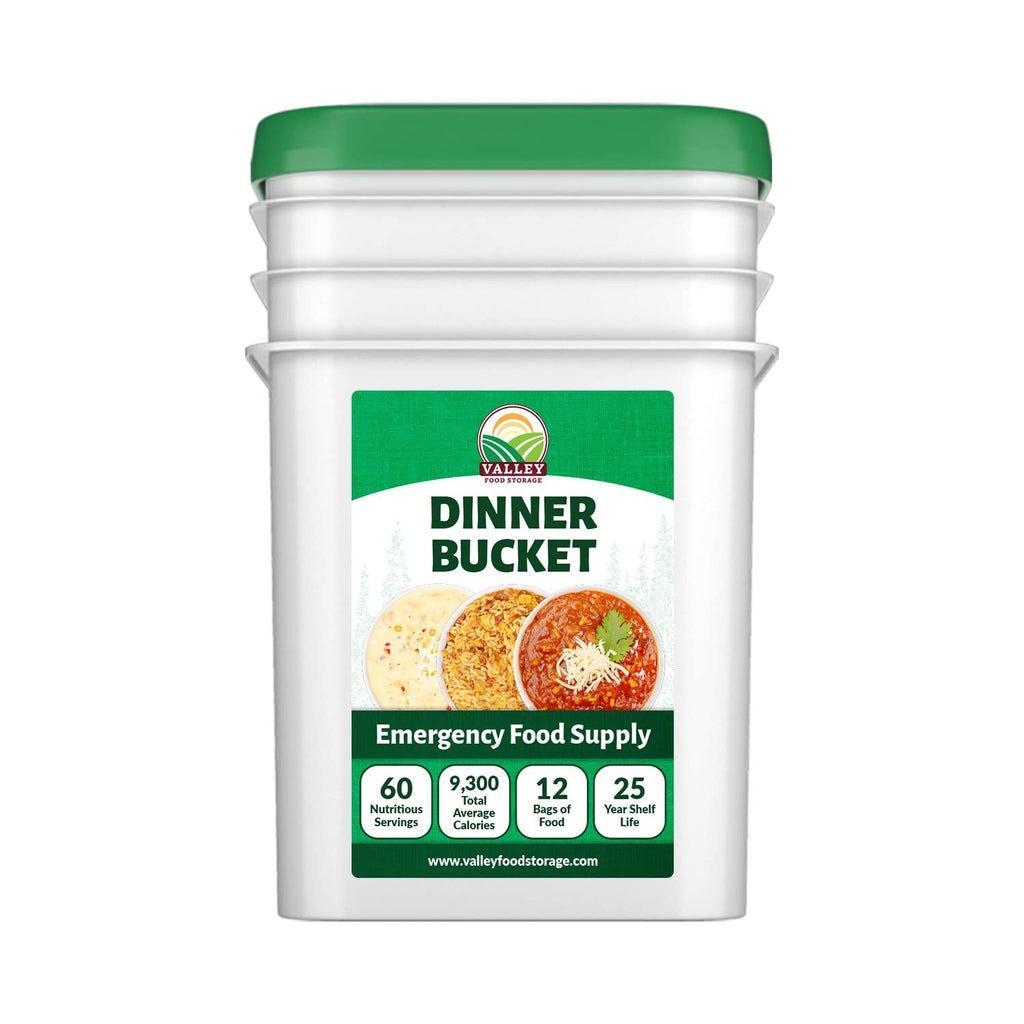 Valley Food Storage 60 Serving Dinner Bucket | Premium Emergency Food Supply with 25 Year Shelf Life | Non-GMO Survival Food, Prepper Meals, Camping & Off-Grid Living Supplies | Packaged in USA
