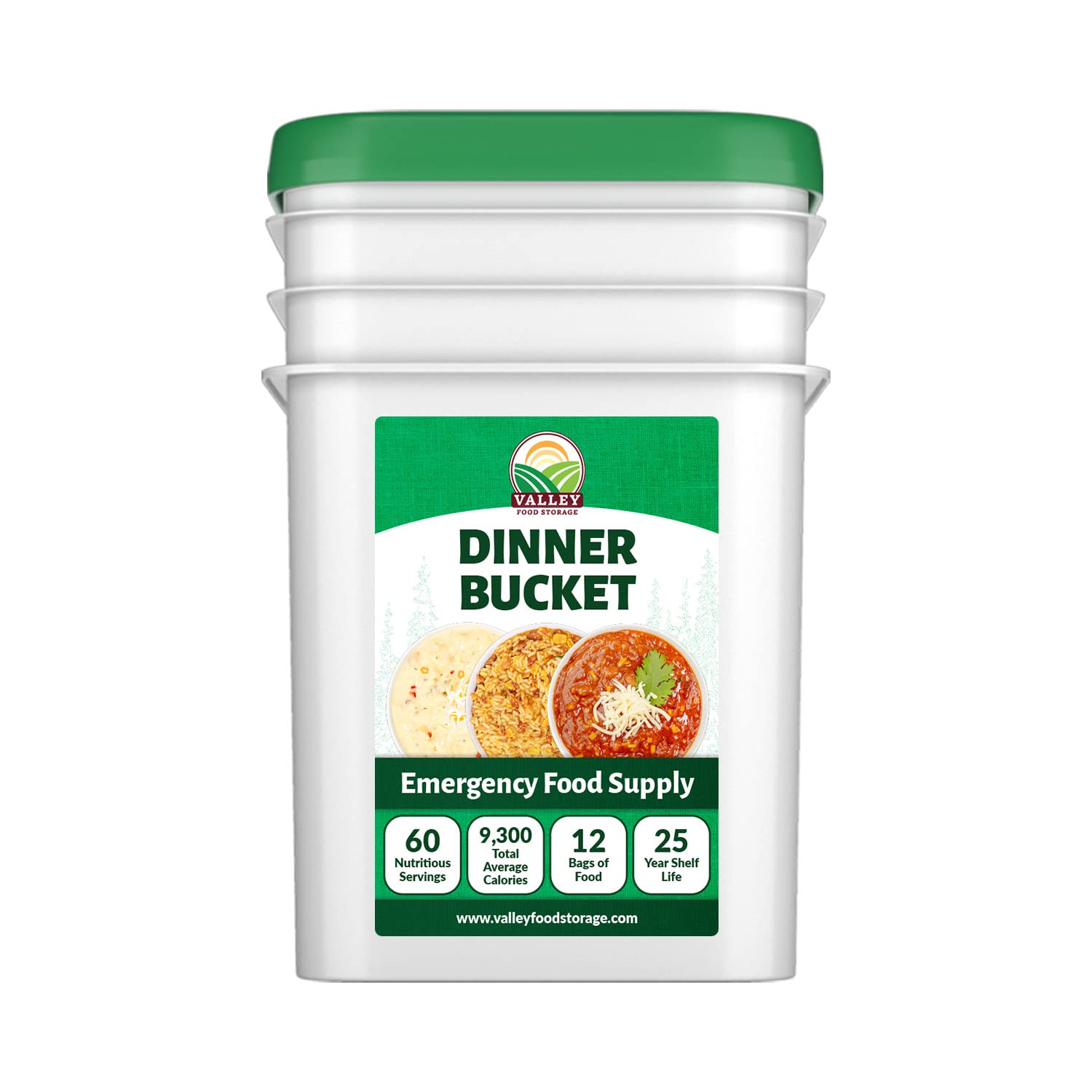 Valley Food Storage 60 Serving Dinner Bucket | Premium Emergency Food Supply with 25 Year Shelf Life | Non-GMO Survival Food, Prepper Meals, Camping & Off-Grid Living Supplies | Packaged in USA