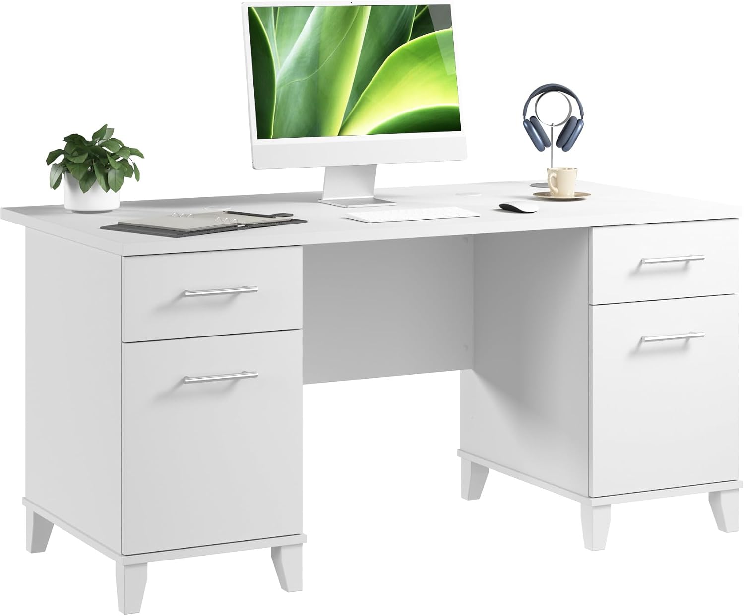 Bush Home 60-Inch Office Desk with Drawers, Computer Desk with File and Box Drawers, Home Office Workstation with Storage Cabinet, Writing Desk Furniture, Somerset Collection, White