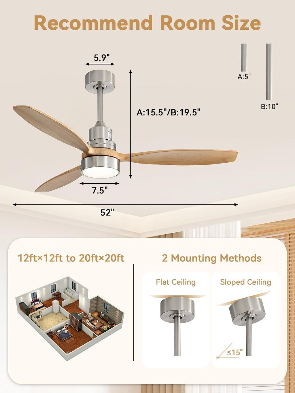 Sofucor Ceiling Fan with Lights, 52 Inch Low Profile Flush Mount Mordern Wood Ceiling Fan with Remote for Indoor Farmhouse Bedroom Living Room Outdoor Patio Porch, Reversible DC Motor, Noiseless