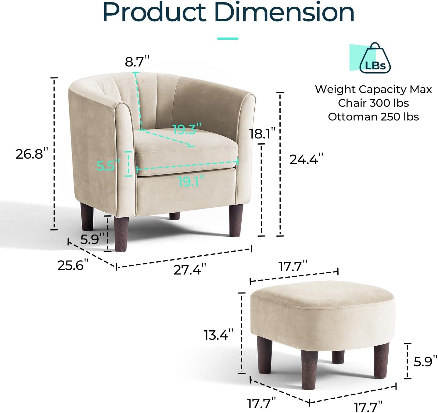 LINSY Accent Chair with Ottoman, Modern Barrel Chair Small Armchair Reading Chair with Footrest, Comfy Round Arms Chair for Living Room Bedroom Reading Room, Velvet, Beige